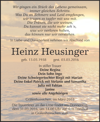 Traueranzeige von Heinz Heusinger von WVG - Wochenspiegel Wittenberg