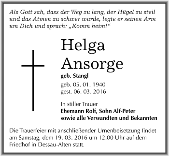 Traueranzeige von Helga Ansorge von Mitteldeutsche Zeitung Dessau-Roßlau