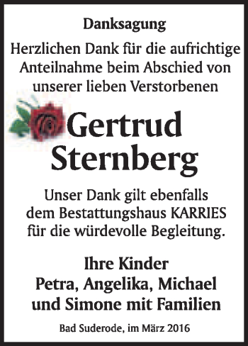 Traueranzeige von Gertrud Sternberg von WVG - Wochenspiegel Quedlinburg