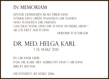 Traueranzeige von Helga Karl von WVG - Wochenspiegel NMB / WSF / ZTZ