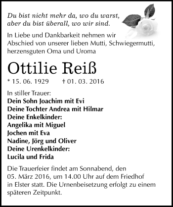 Traueranzeige von Ottilie Reiß von Mitteldeutsche Zeitung Wittenberg