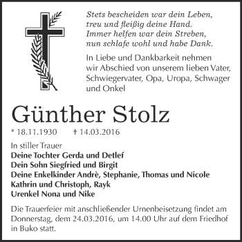 Traueranzeige von Günther Stolz von Super Sonntag Wittenberg