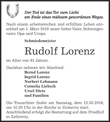 Traueranzeige von Rudolf Lorenz von Super Sonntag Bernburg