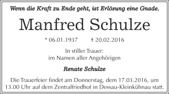 Traueranzeige von Manfred Schulze von WVG - Wochenspiegel Dessau / Köthen
