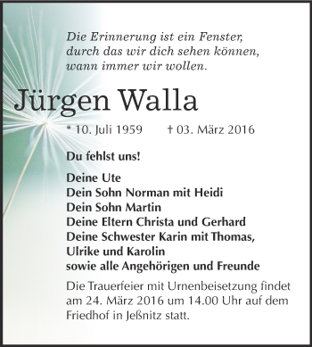 Traueranzeige von Jürgen Walla von WVG - Wochenspiegel Bitterfeld