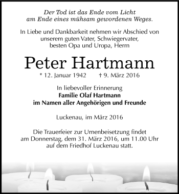 Traueranzeige von Peter Hartmann von Mitteldeutsche Zeitung Zeitz