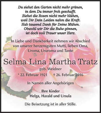 Traueranzeige von Selma Lina Martha Tratz von WVG - Wochenspiegel Dessau / Köthen