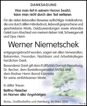 Traueranzeige von Werner Niemetschek von WVG - Wochenspiegel NMB / WSF / ZTZ