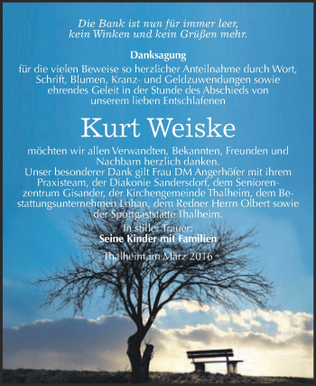 Traueranzeige von Kurt Weiske von WVG - Wochenspiegel Bitterfeld