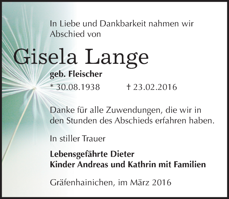  Traueranzeige für Gisela Lange vom 19.03.2016 aus Mitteldeutsche Zeitung Wittenberg