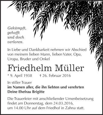 Traueranzeige von Friedhelm Müller von WVG - Wochenspiegel Wittenberg