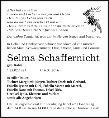 Traueranzeige von Selma Schaffernicht von Mitteldeutsche Zeitung Merseburg/Querfurt