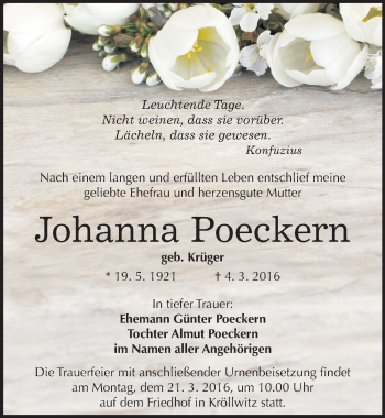 Traueranzeige von Johanna Poeckern von Mitteldeutsche Zeitung Halle/Saalkreis