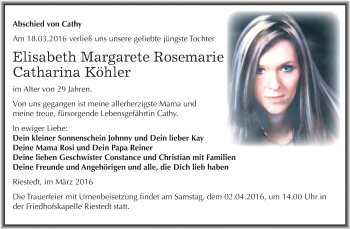Traueranzeige von Elisabeth Margarete Rosemarie Catharina Köhler von Super Sonntag SGH Mansf. Land