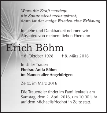Traueranzeige von Erich Böhm von Super Sonntag Zeitz