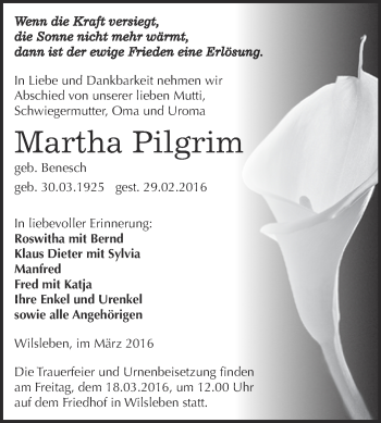 Traueranzeige von Martha Pilgrim von Super Sonntag Aschersleben