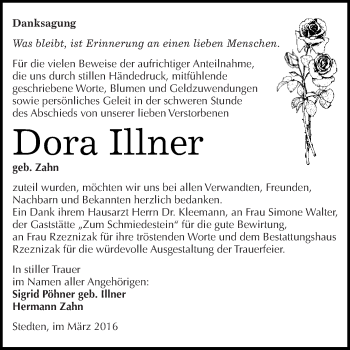 Traueranzeige von Dora Illner von Wochenspiegel Mansfelder Land