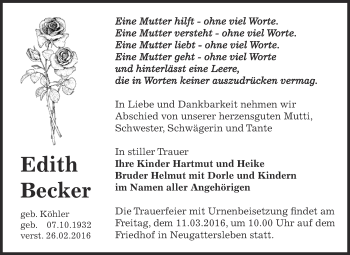 Traueranzeige von Edith Becker von Super Sonntag Bernburg