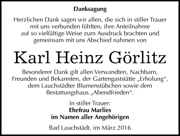 Traueranzeige von Karl Heinz Görlitz von Mitteldeutsche Zeitung Merseburg/Querfurt