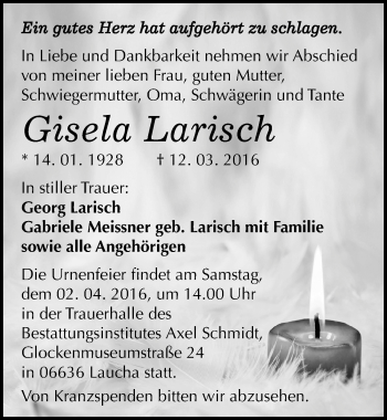 Traueranzeige von Gisela Larisch von Mitteldeutsche Zeitung Naumburg/Nebra