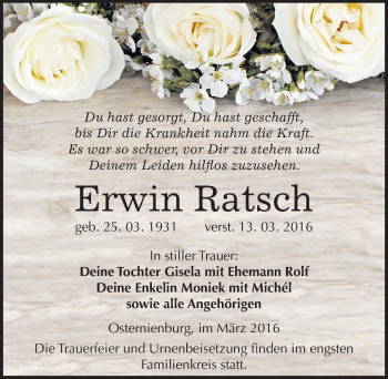 Traueranzeige von Erwin Ratsch von Mitteldeutsche Zeitung Köthen