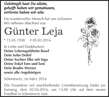 Traueranzeige von Günter Leja von WVG - Wochenspiegel Dessau / Köthen