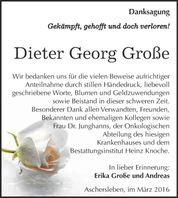 Traueranzeige von Dieter Georg Große von Super Sonntag Aschersleben