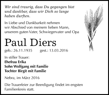 Traueranzeige von Paul Diers von Mitteldeutsche Zeitung Naumburg/Nebra