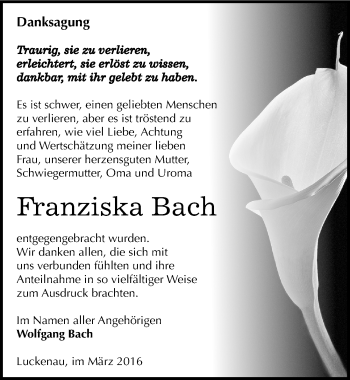 Traueranzeige von Franziska Bach von Mitteldeutsche Zeitung Zeitz