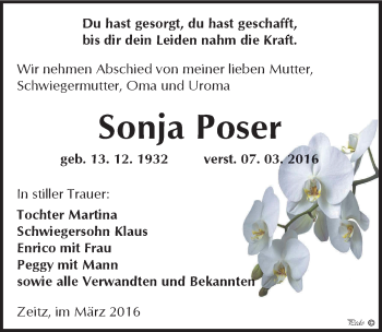Traueranzeige von Sonja Poser von Mitteldeutsche Zeitung Zeitz
