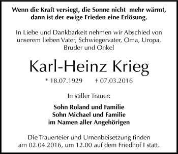 Traueranzeige von Karl-Heinz Krieg von Mitteldeutsche Zeitung Dessau-Roßlau