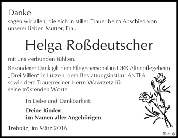 Traueranzeige von Helga Roßdeutscher von WVG - Wochenspiegel NMB / WSF / ZTZ