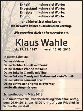 Traueranzeige von Klaus Wahle von WVG - Wochenspiegel NMB / WSF / ZTZ