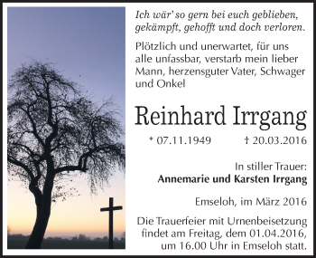 Traueranzeige von Reinhard Irrgang von Mitteldeutsche Zeitung Sangerhausen
