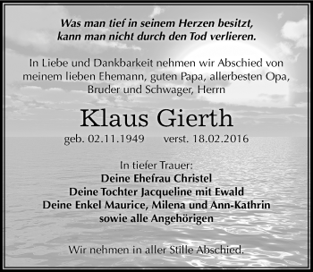 Traueranzeige von Klaus Gierth von Mitteldeutsche Zeitung Weißenfels