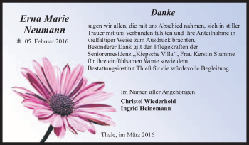 Traueranzeige von Erna Marie Neumann von Super Sonntag Quedlinburg