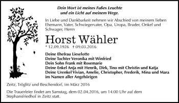 Traueranzeige von Horst Wähler von Mitteldeutsche Zeitung Zeitz