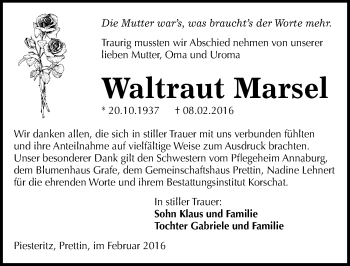 Traueranzeige von Waltraut Marsel von Mitteldeutsche Zeitung Wittenberg