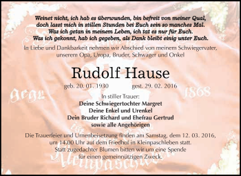 Traueranzeige von Rudolf Hause von WVG - Wochenspiegel Dessau / Köthen
