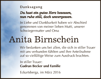 Traueranzeige von Anita Birnschein von WVG - Wochenspiegel NMB / WSF / ZTZ