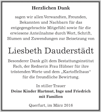 Traueranzeige von Liesbeth Dauderstädt von WVG - Wochenspiegel Merseburg