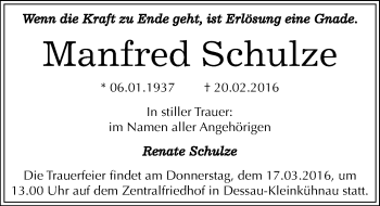 Traueranzeige von Manfred Schulze von Mitteldeutsche Zeitung Dessau-Roßlau