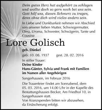 Traueranzeige von Lore Golisch von Mitteldeutsche Zeitung Sangerhausen