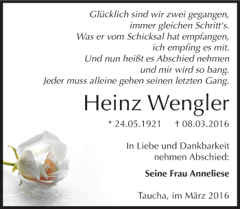 Traueranzeige von Heinz Wengler von Mitteldeutsche Zeitung Weißenfels