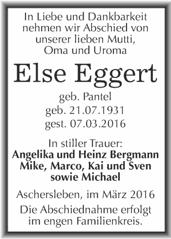 Traueranzeige von Else Eggert von Super Sonntag Aschersleben