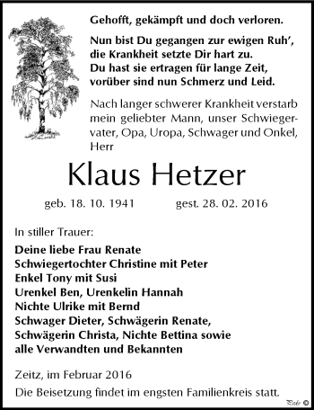 Traueranzeige von Klaus Hetzer von Mitteldeutsche Zeitung Zeitz