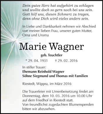 Traueranzeige von Marie Wagner von Super Sonntag SGH Mansf. Land