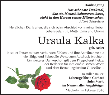 Traueranzeige von Ursula Kalka von Mitteldeutsche Zeitung Merseburg/Querfurt