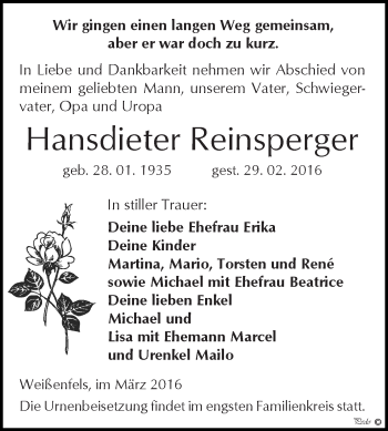 Traueranzeige von Hansdieter Reinsperger von WVG - Wochenspiegel NMB / WSF / ZTZ