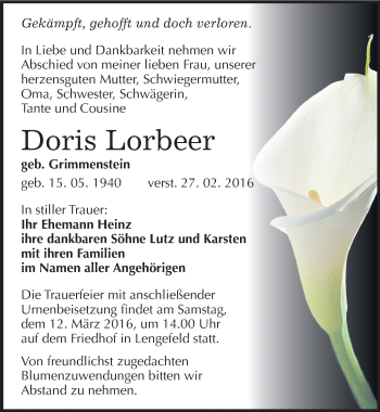 Traueranzeige von Doris Lorbeer von Mitteldeutsche Zeitung Naumburg/Nebra